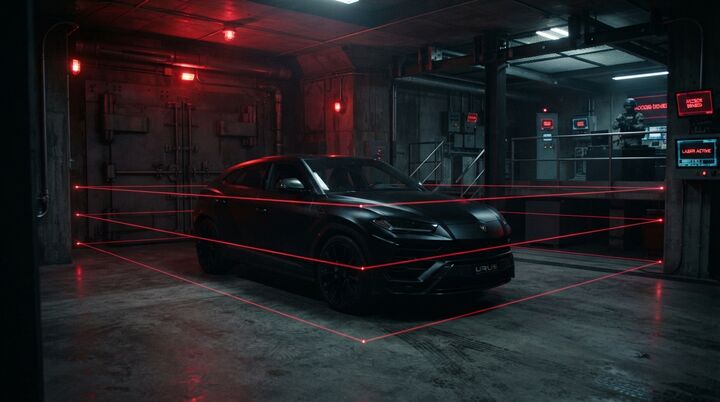 Lamborghini Urus escuro cercado por feixes de laser vermelhos
